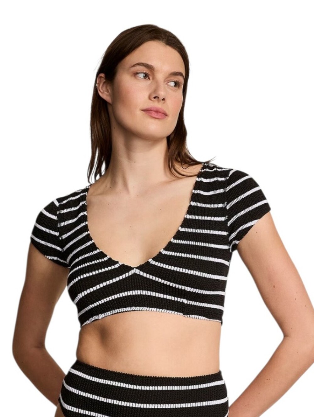 Victoria's Secret Black & White Striped Crinkled Short-Sleeve Bikini Top